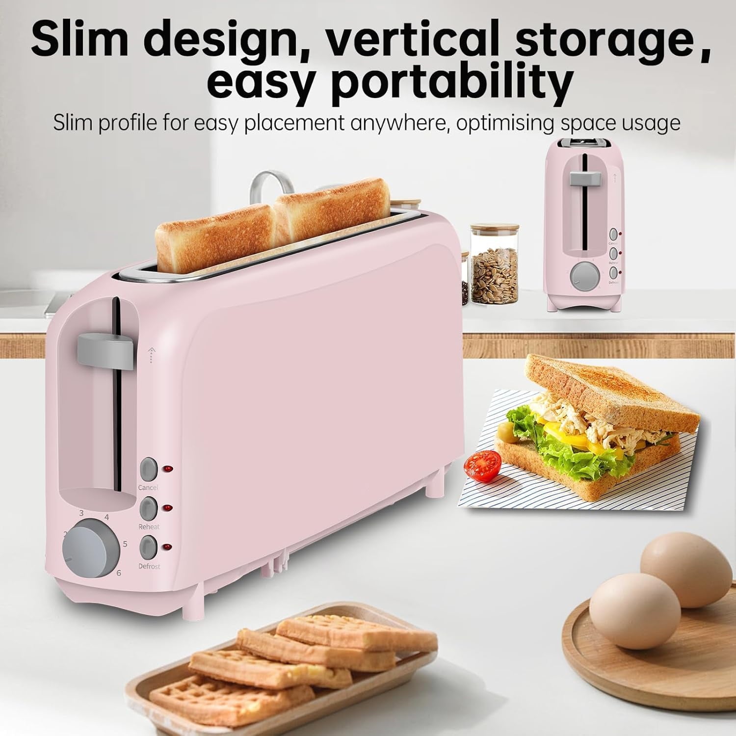 2-Slice Slim Toaster, 6 Shade Settings with Cancel, Reheat & Defrost, 10" Long Slot, Auto Shut off, Removable Crumb Tray, Pink