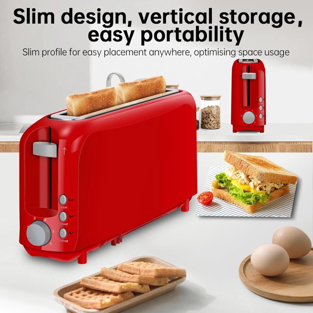2-Slice Slim Toaster, 6 Shade Settings with Cancel, Reheat & Defrost, 10" Long Slot, Auto Shut off, Removable Crumb Tray, Red