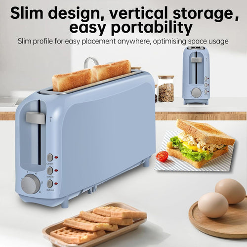2-Slice Slim Toaster, 6 Shade Settings with Cancel, Reheat & Defrost, 10" Long Slot, Auto Shut off, Removable Crumb Tray, Blue