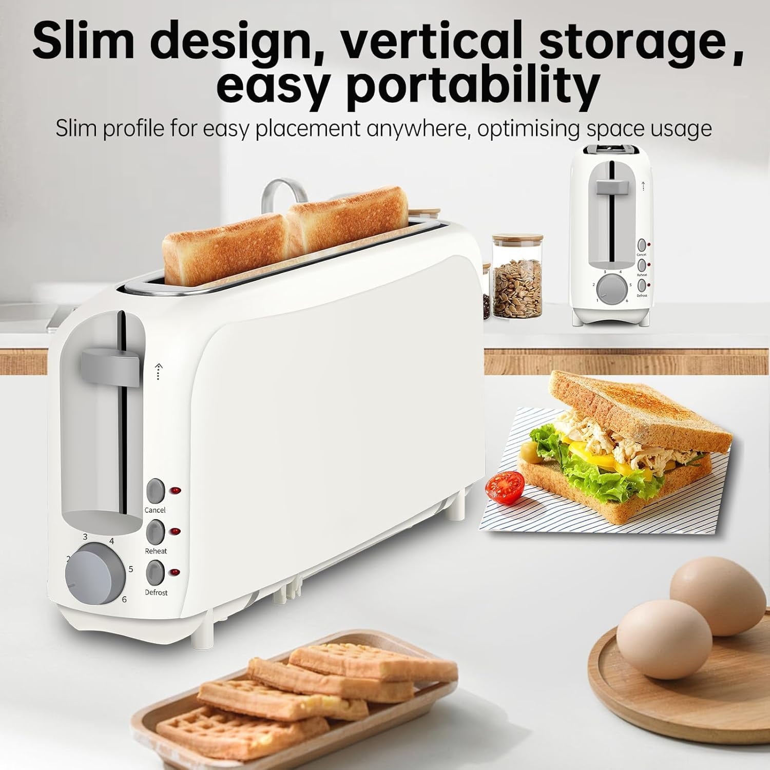 2-Slice Slim Toaster, 6 Shade Settings with Cancel, Reheat & Defrost, 10" Long Slot, Auto Shut off, Removable Crumb Tray, White