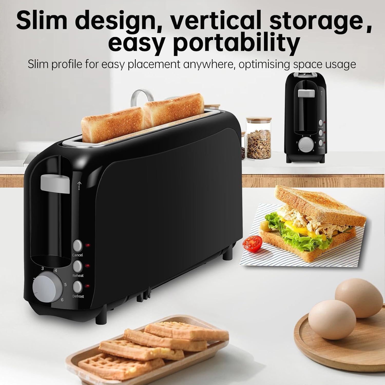 2-Slice Slim Toaster, 6 Shade Settings with Cancel, Reheat & Defrost, 10" Long Slot, Auto Shut off, Removable Crumb Tray, Black